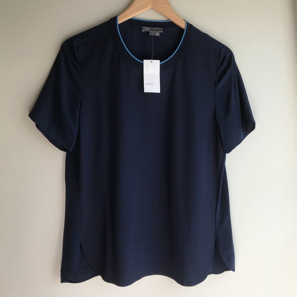 NWT Vince Navy Knit & Woven Split Hem Top Blouse